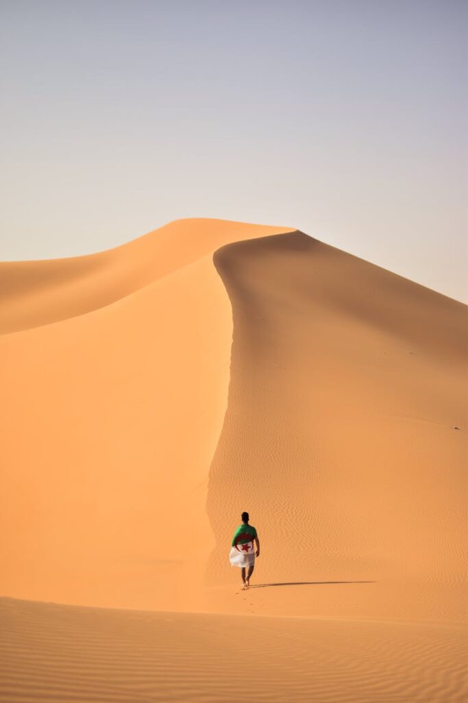 a person walking in the middle of the hot desert